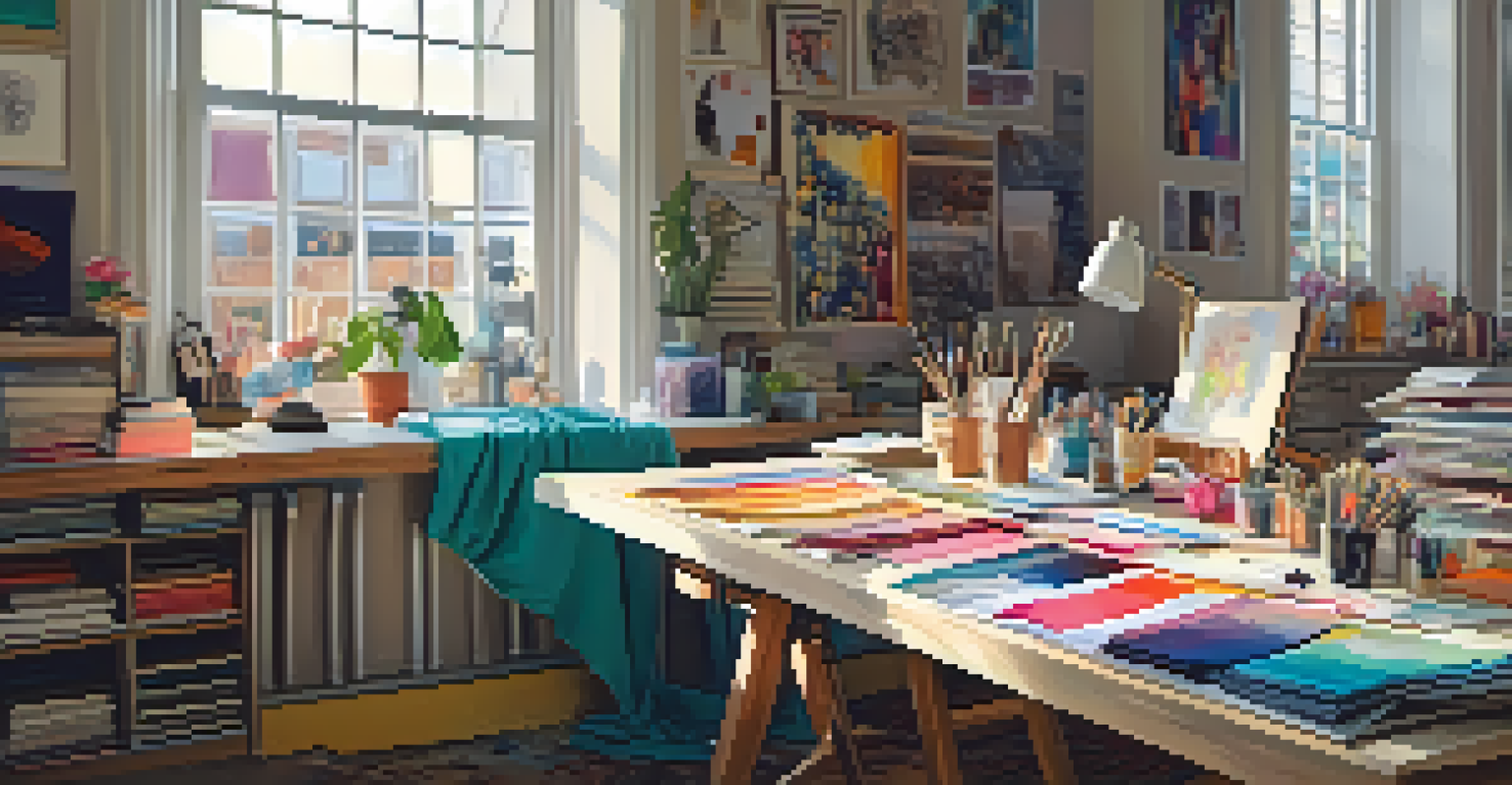 A fashion designer's workspace with colorful fabrics, sketches, and a sewing machine, bathed in warm light.