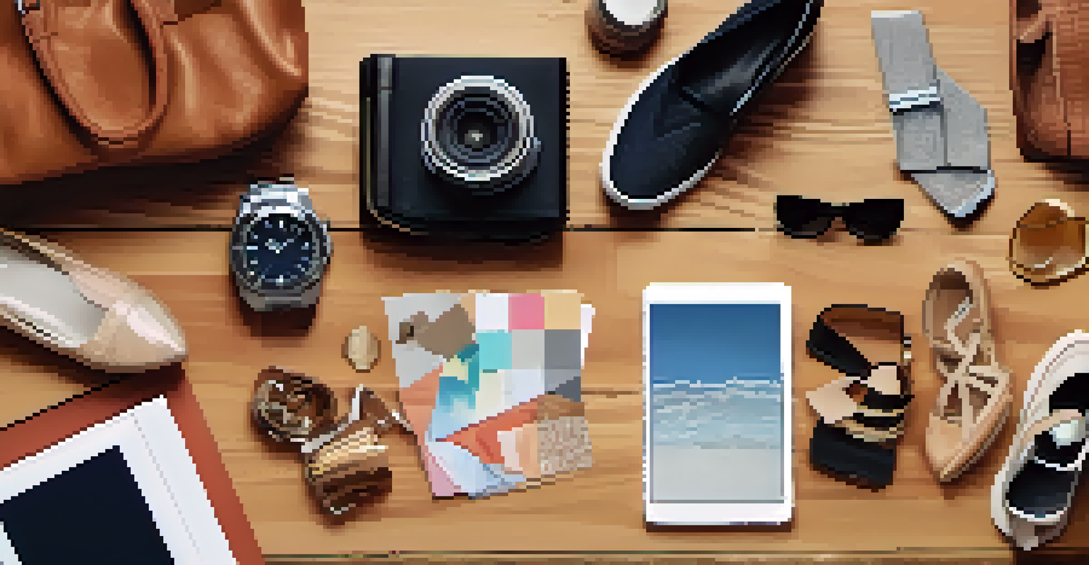 A flat lay of fashion items like shoes and accessories on a wooden surface, with a smartphone showing social media posts.