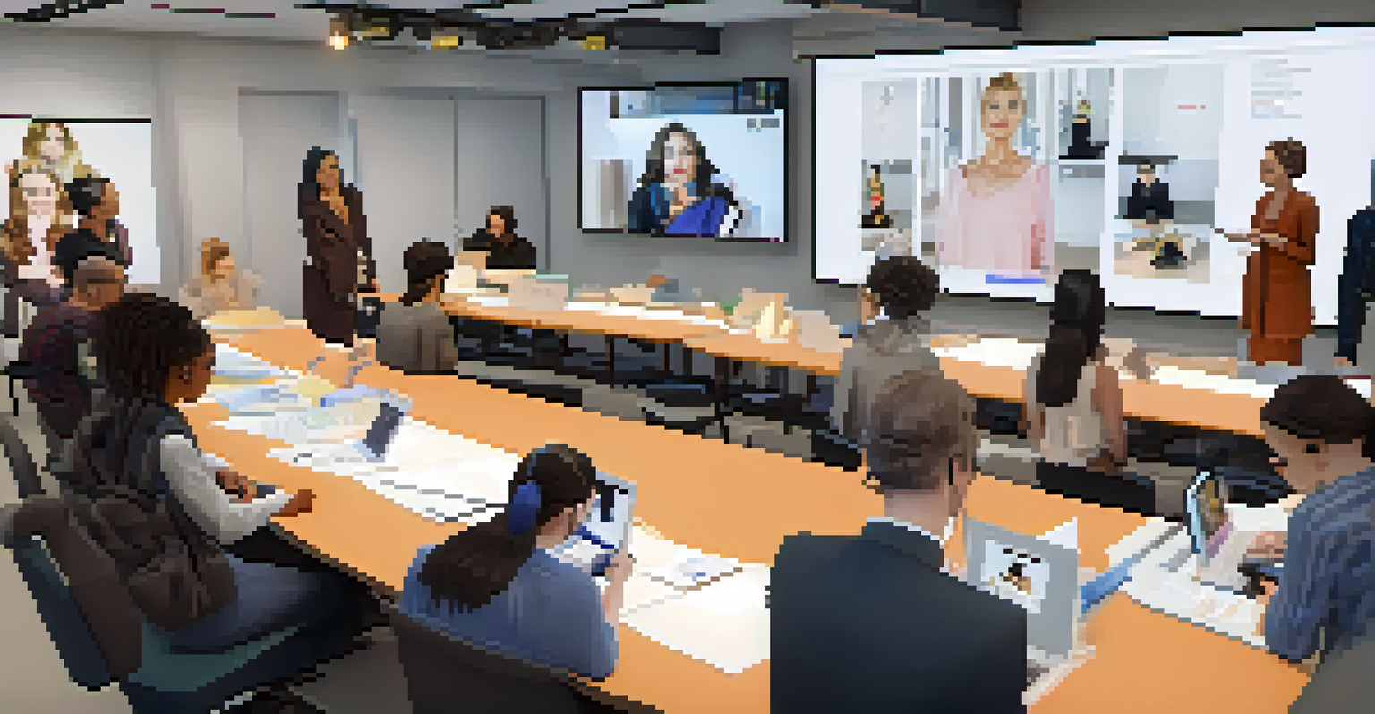 A virtual classroom with students engaging in a webinar with international fashion experts, surrounded by modern technology.