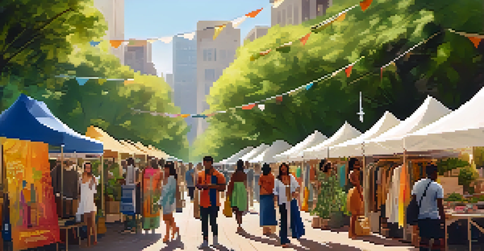 A diverse group of people at a sustainable fashion market, showcasing eco-friendly clothing and accessories under a sunny sky.