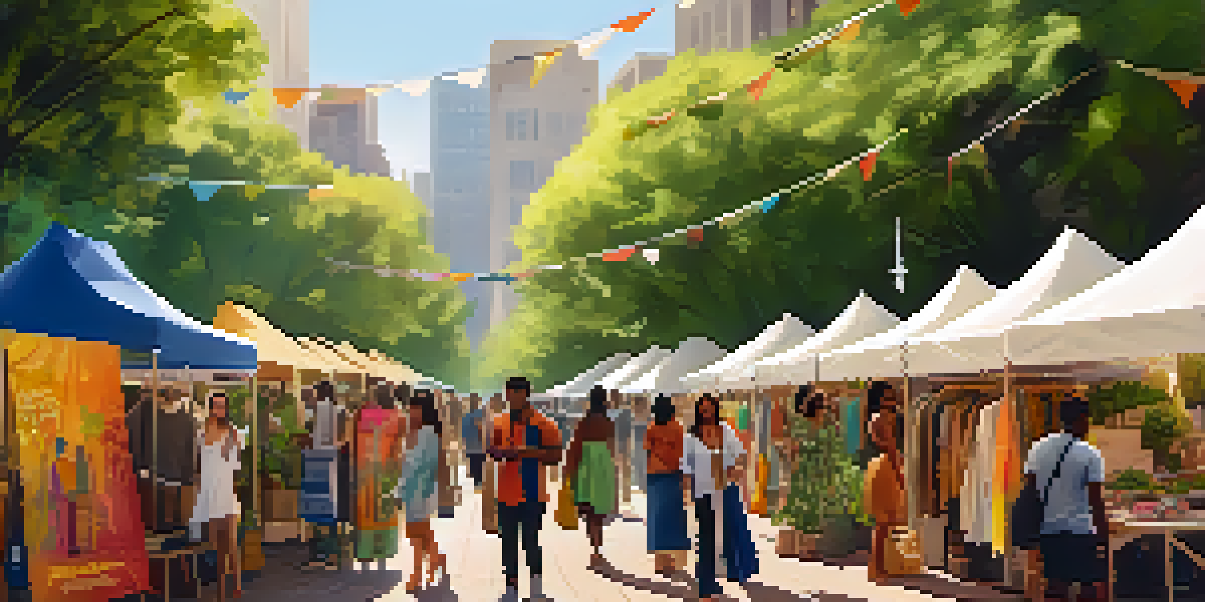 A diverse group of people at a sustainable fashion market, showcasing eco-friendly clothing and accessories under a sunny sky.