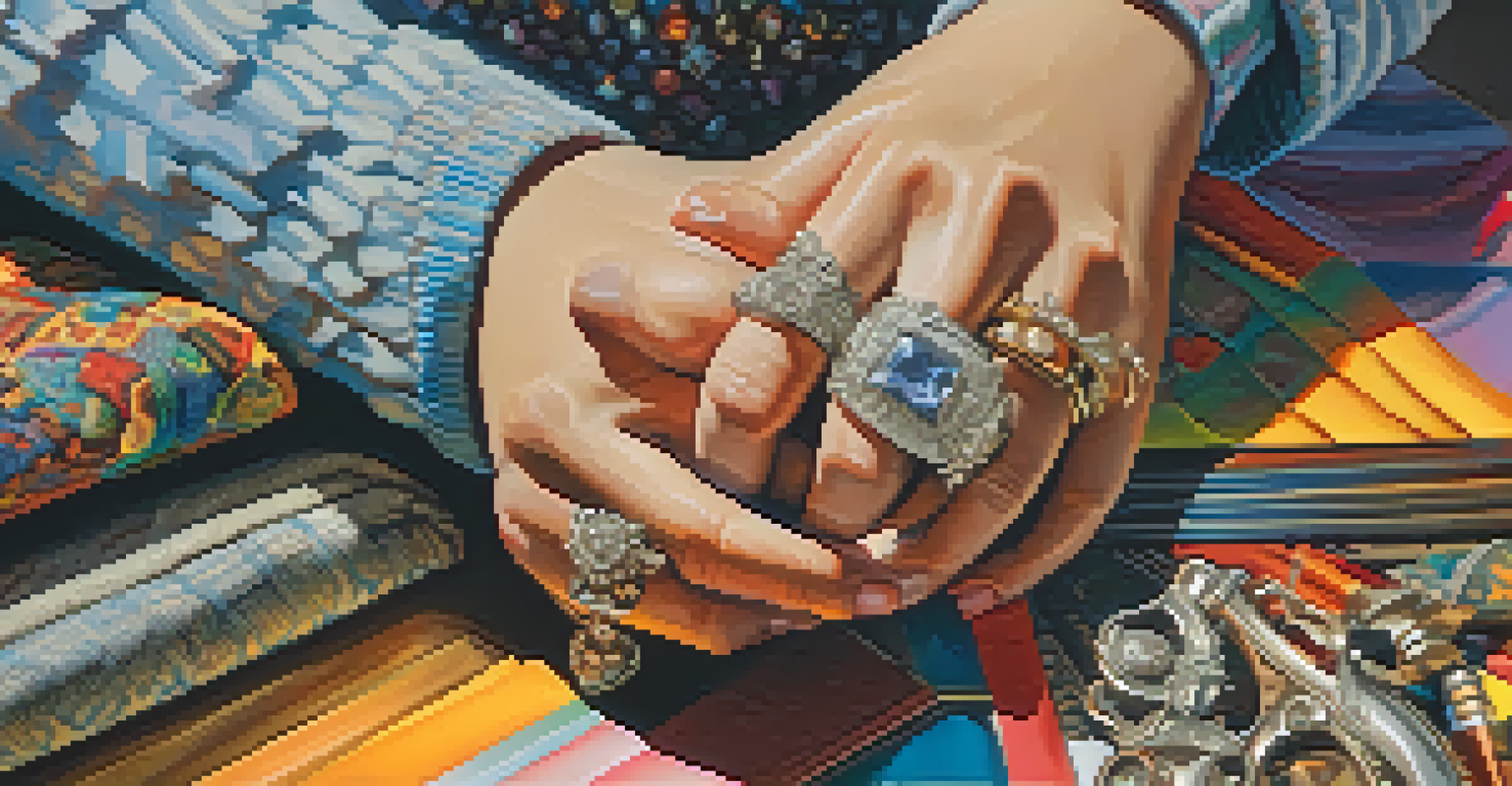 A close-up of hands holding a vintage item with clothing racks in the background, sunlight highlighting the texture.