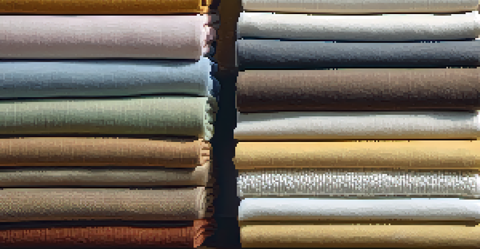 A variety of sustainable fabrics like organic cotton, hemp, and bamboo displayed on a wooden table, with natural sunlight illuminating their textures.
