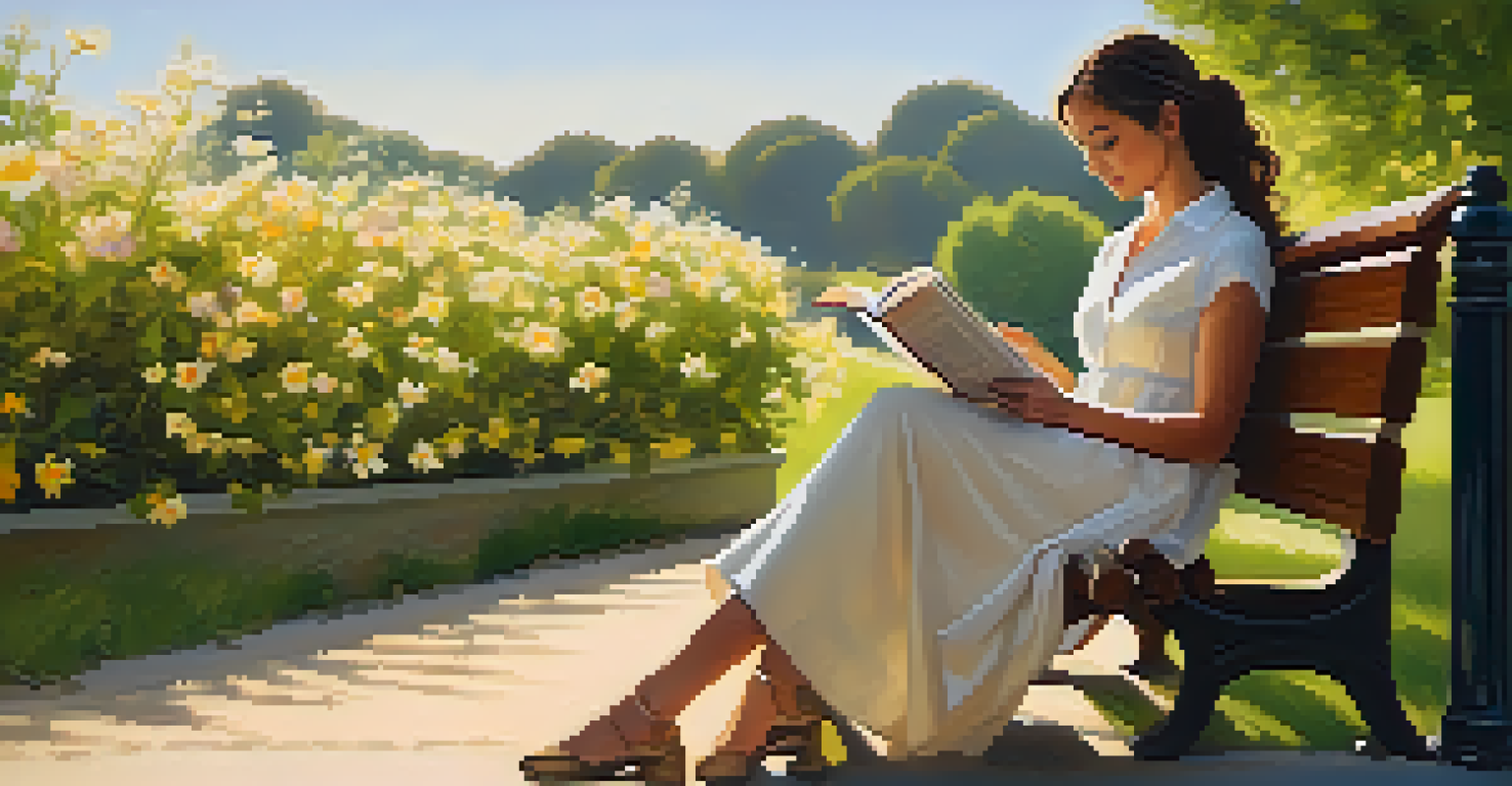 A woman in a sustainable outfit reading a book on a park bench, surrounded by flowers and greenery at sunset.