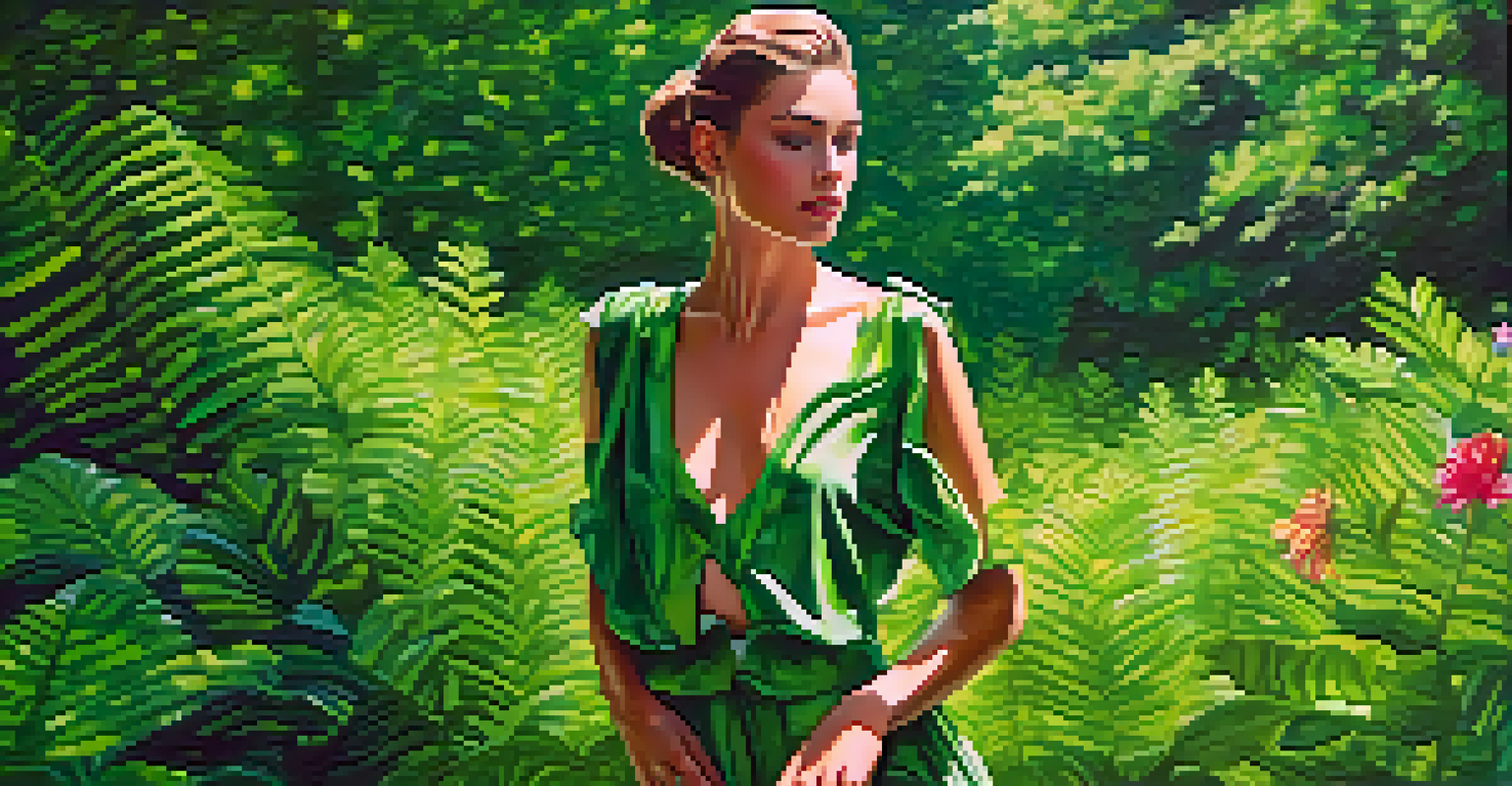 A fashion model in a sustainable outfit made from recycled materials, posing in a sunny green park surrounded by flowers.