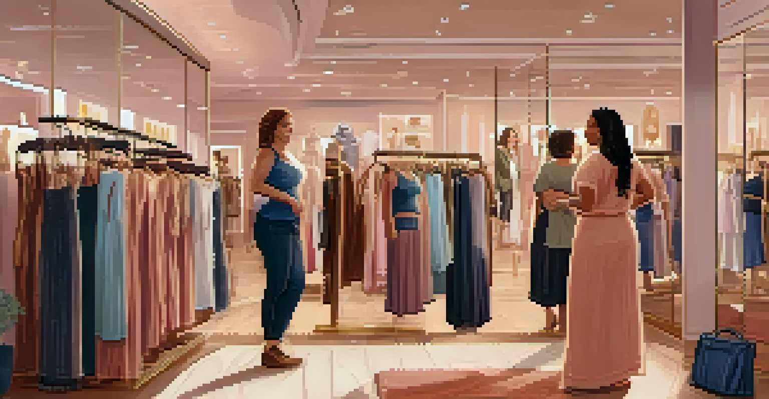 Inside a welcoming boutique with customers of various body types trying on clothes in front of mirrors, surrounded by motivational quotes.