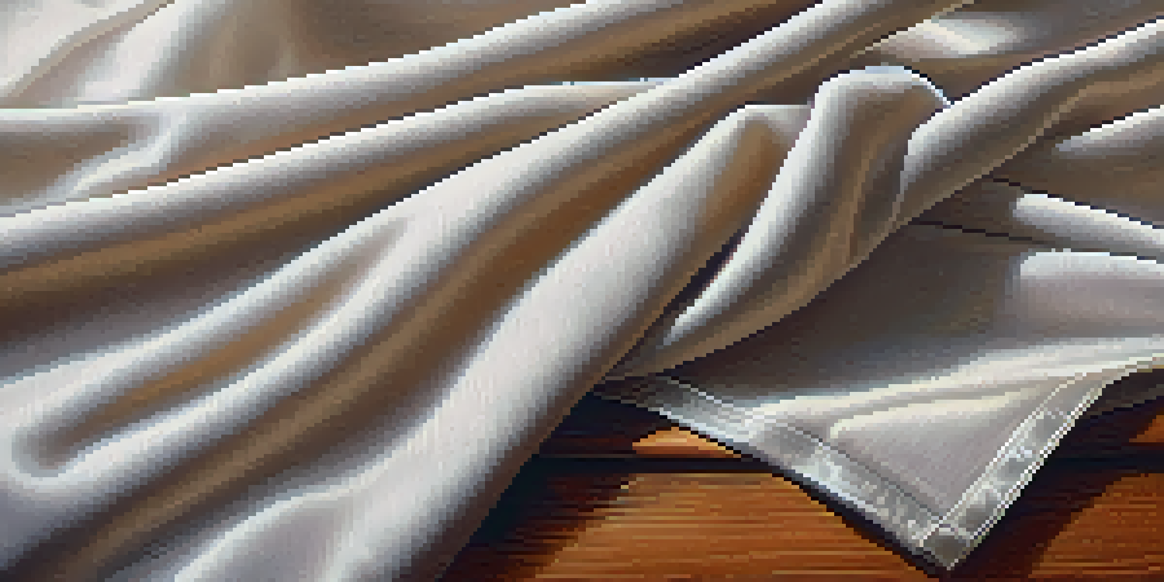 A close-up of soft organic cotton fabric draped on a wooden table, illuminated by natural light.
