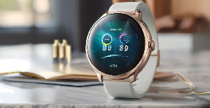 A close-up of a sleek smartwatch on a marble surface, displaying fitness tracking metrics.