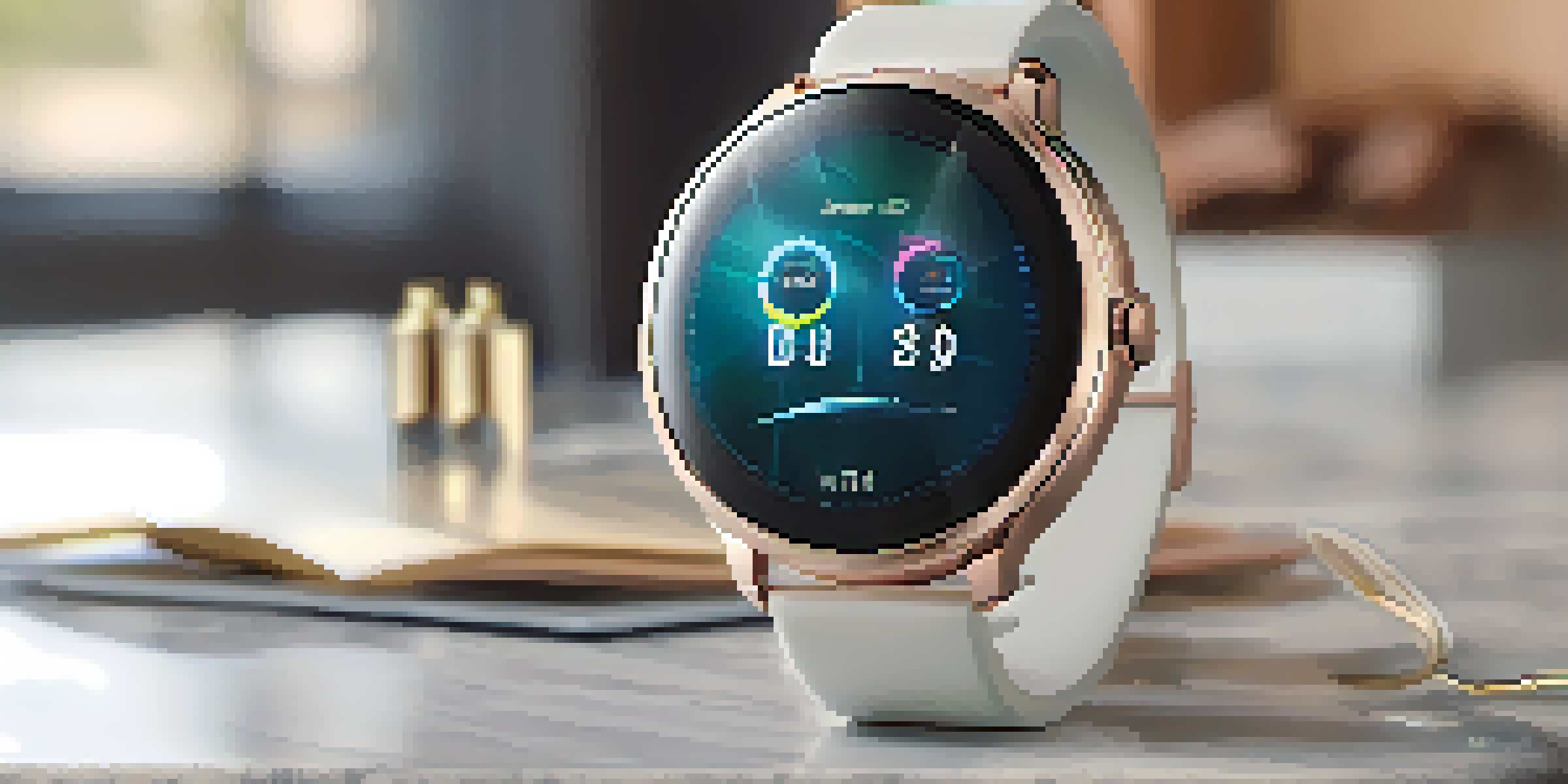 A close-up of a sleek smartwatch on a marble surface, displaying fitness tracking metrics.