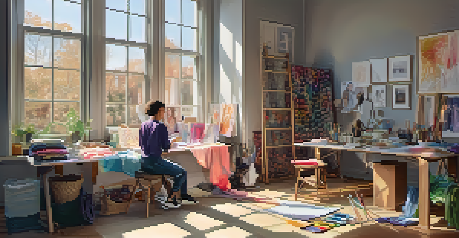 A gender fluid designer in a studio, sketching clothing designs with colorful fabrics and sewing tools around, illuminated by soft natural light.