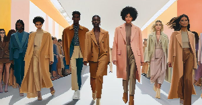 A diverse group of models in gender-neutral fashion walking on a runway, with a modern backdrop and soft lighting.