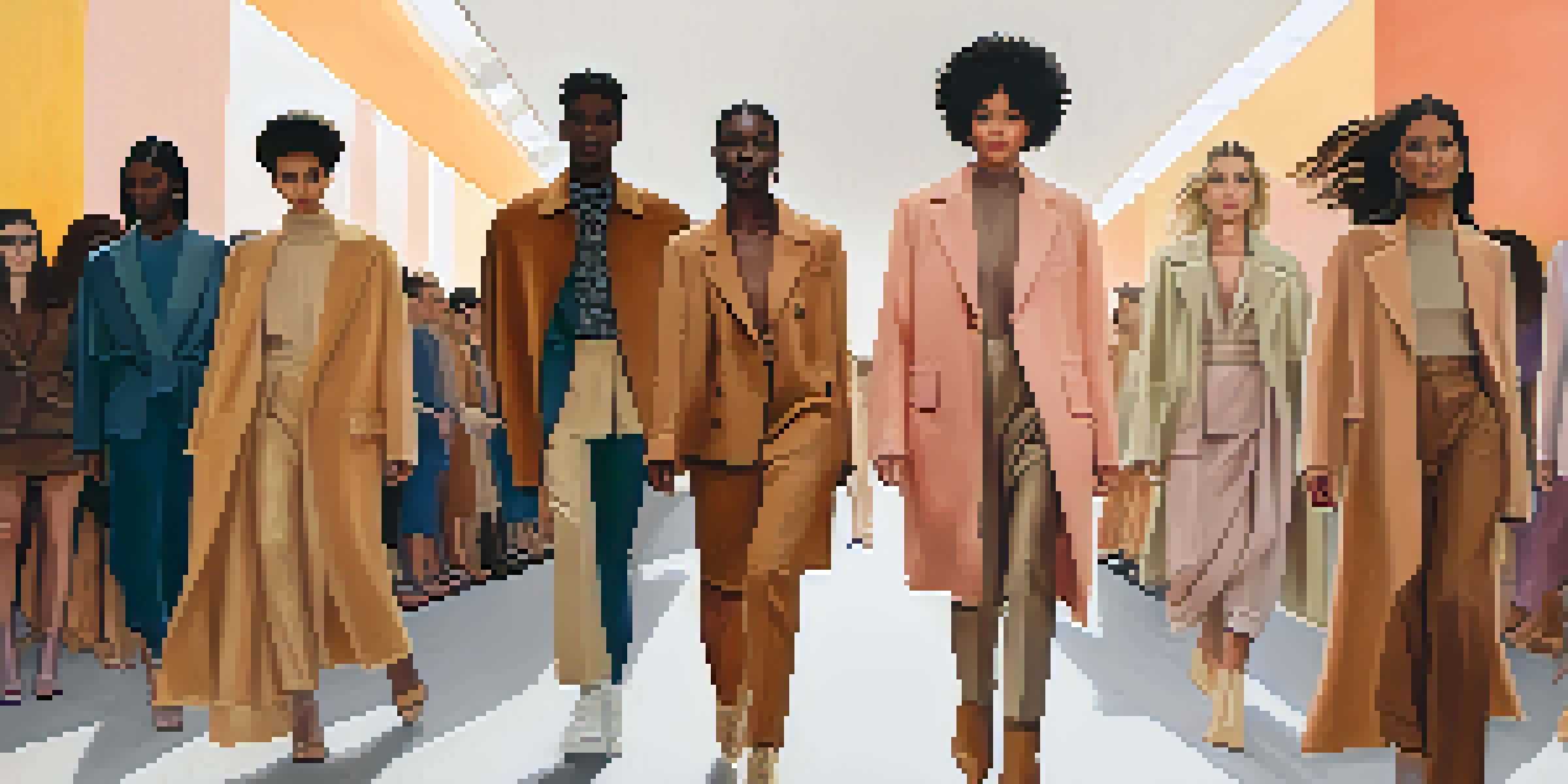 A diverse group of models in gender-neutral fashion walking on a runway, with a modern backdrop and soft lighting.