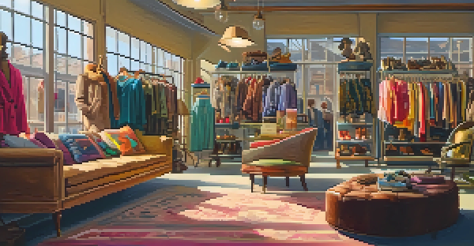 A colorful and inviting thrift shop filled with vintage clothing and accessories, illuminated by warm sunlight.