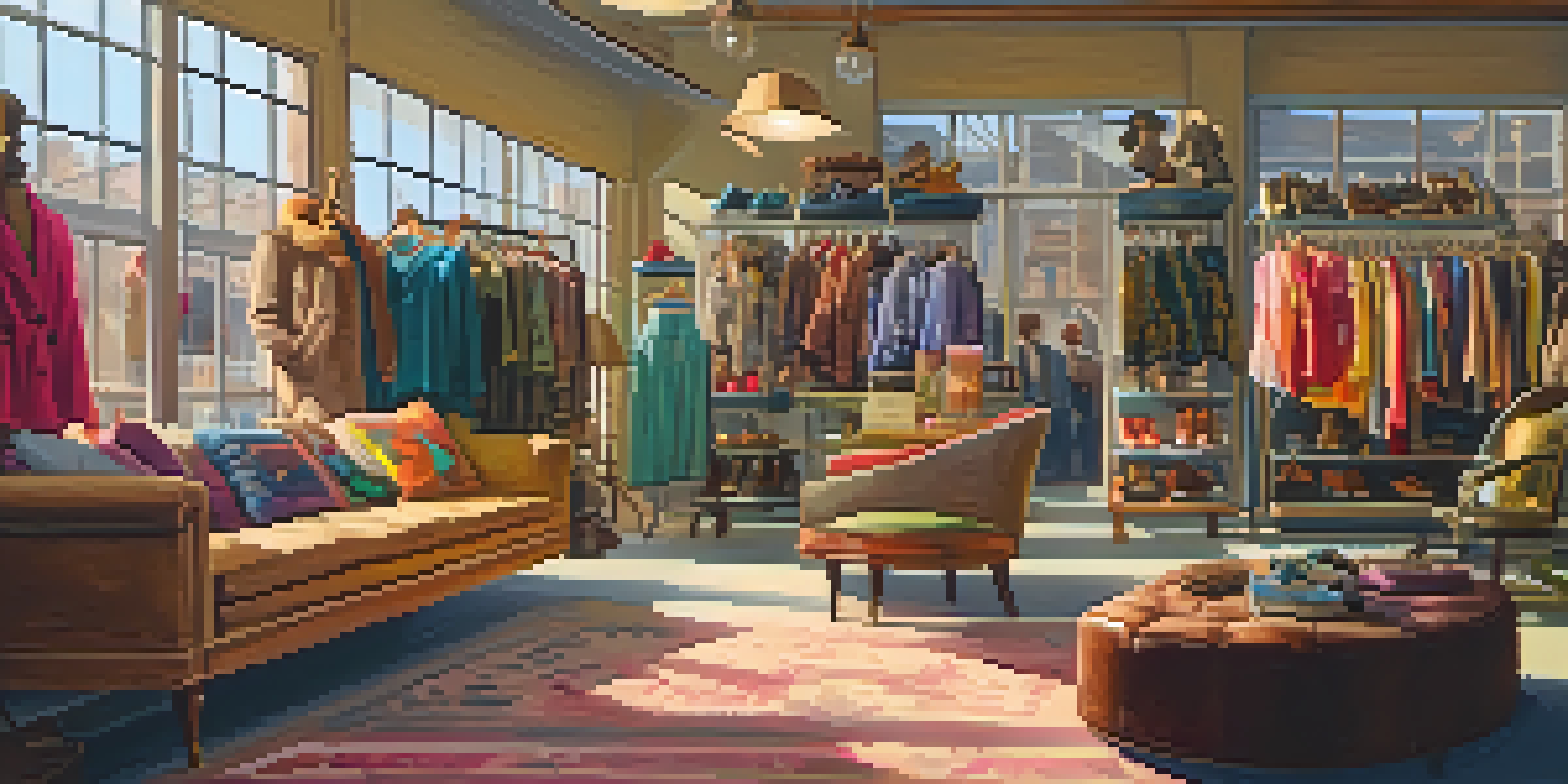 A colorful and inviting thrift shop filled with vintage clothing and accessories, illuminated by warm sunlight.