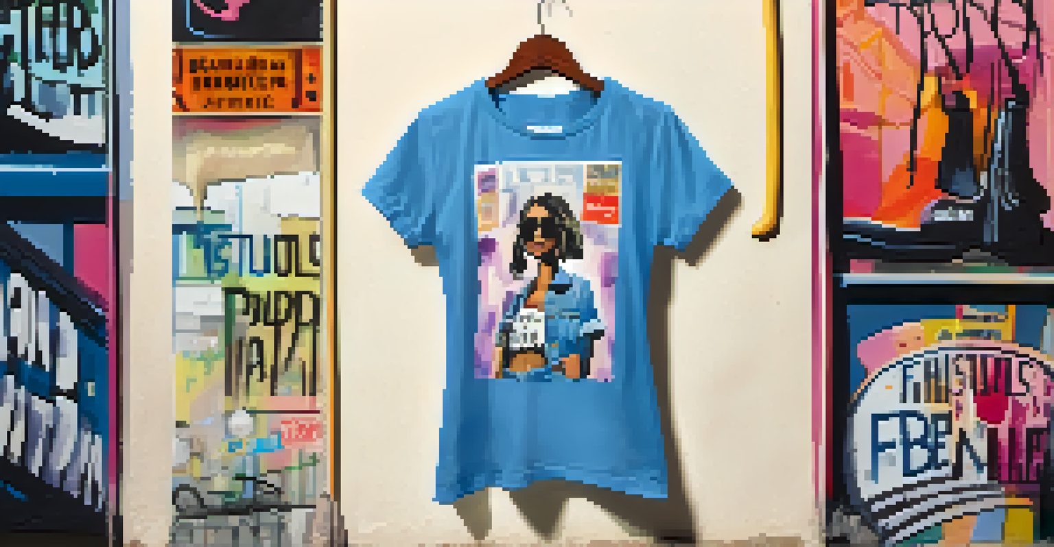 Close-up of a trendy T-shirt with the slogan 'We Should All Be Feminists', styled with a denim jacket and sunglasses, against a backdrop of colorful urban street art.