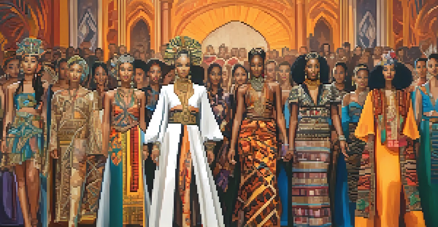 Models walking down a fashion runway wearing culturally inspired outfits, surrounded by soft lighting and cultural symbols.