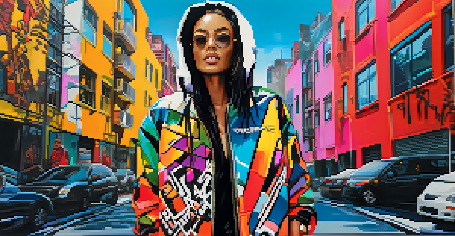 A fashion illustration of a model in oversized streetwear, set against a colorful urban landscape, showcasing bold graffiti patterns.