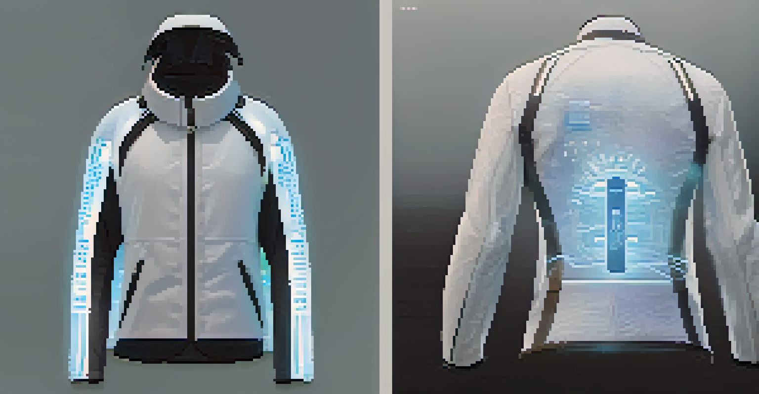 A high-tech smart jacket with sensors displayed in a modern setting, indicating temperature on a digital screen.