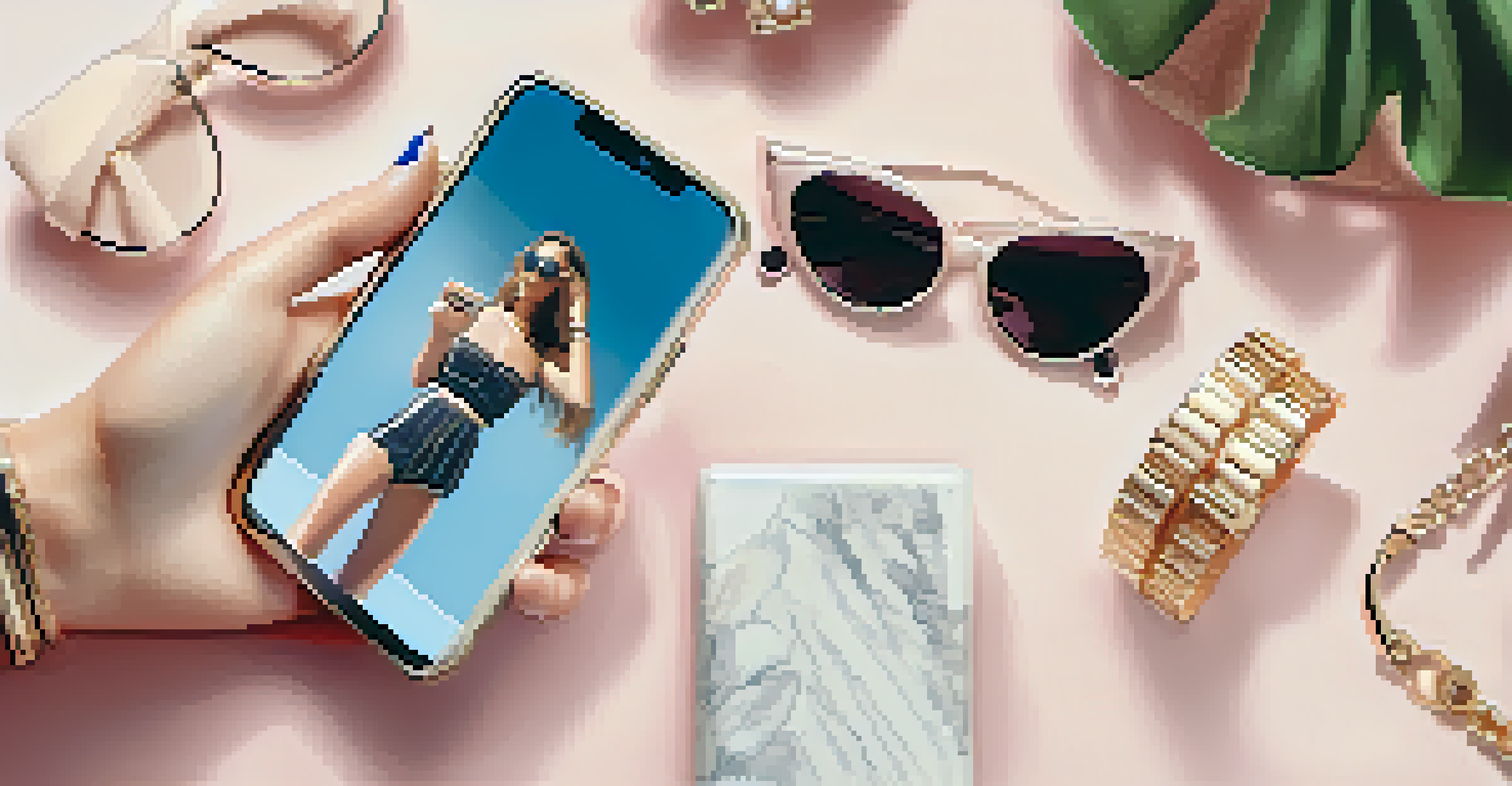 A close-up of a hand holding a smartphone, capturing social media content, with a flat lay of fashion accessories in the background, illuminated by natural light.