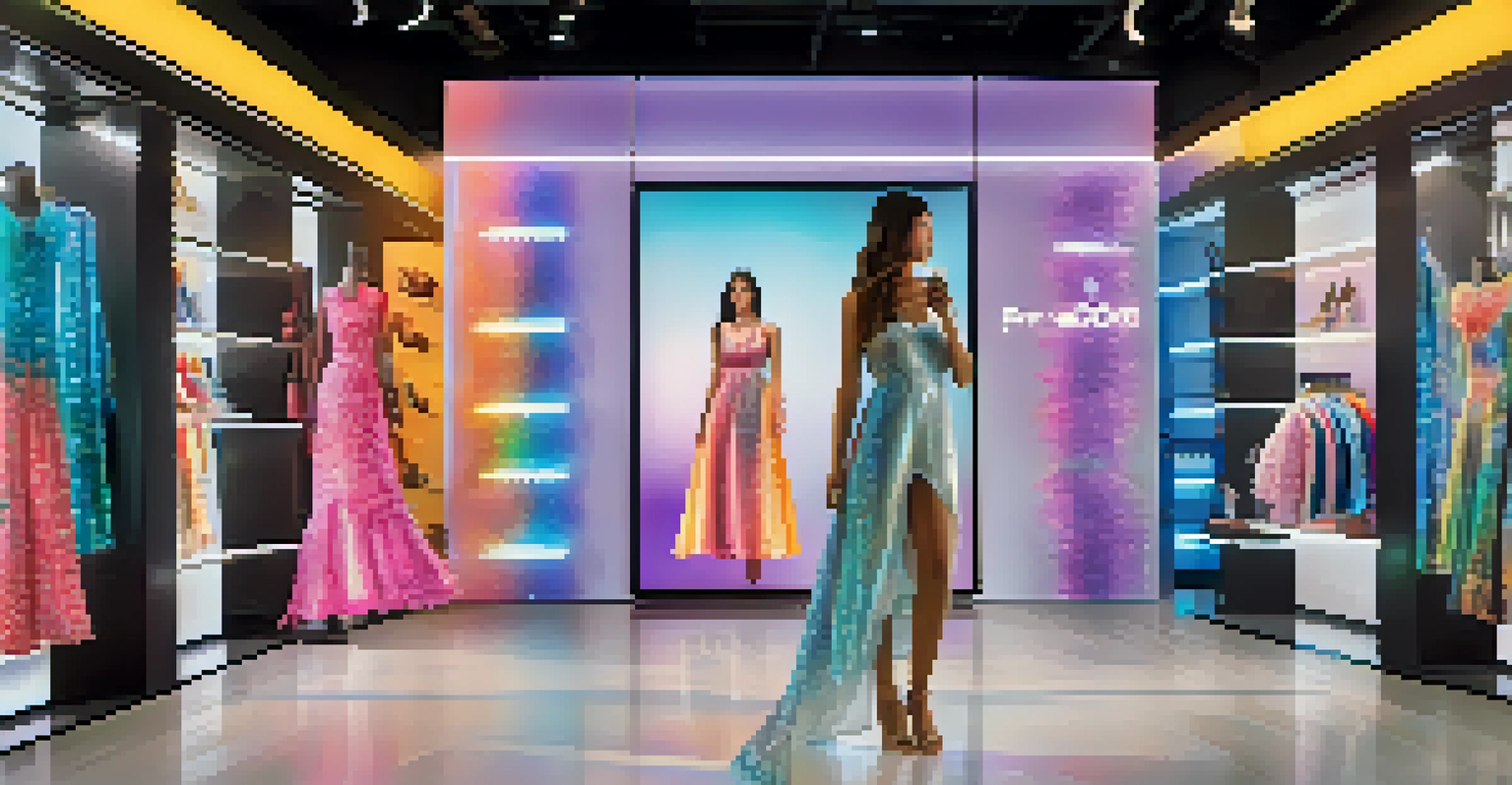 A customer using a smartphone to see a holographic digital dress on herself in a modern retail store, with bright lighting and digital screens.