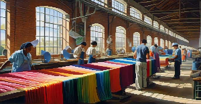 A textile workshop with colorful fabric rolls and workers measuring and cutting materials in sunlight.