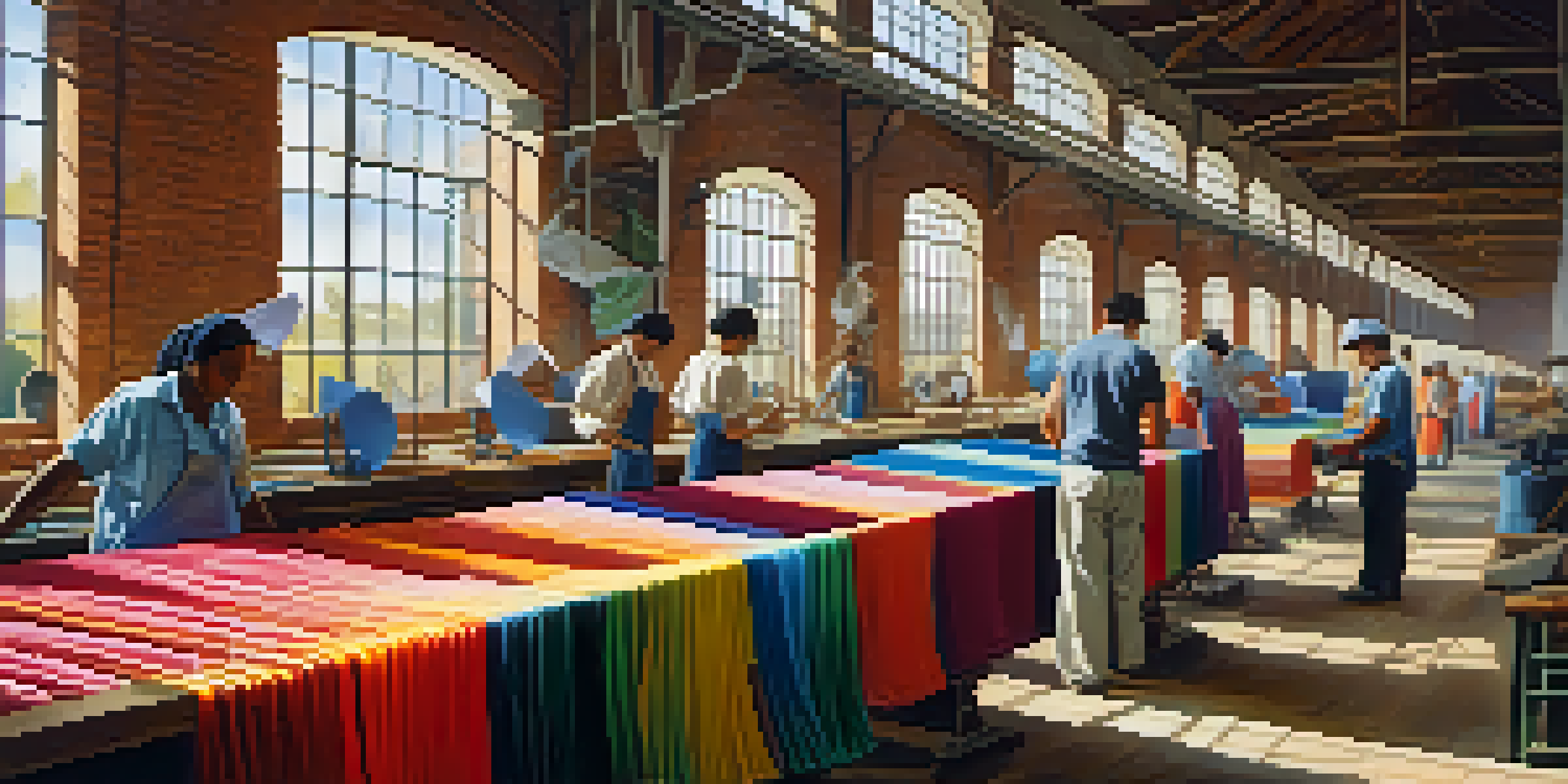 A textile workshop with colorful fabric rolls and workers measuring and cutting materials in sunlight.