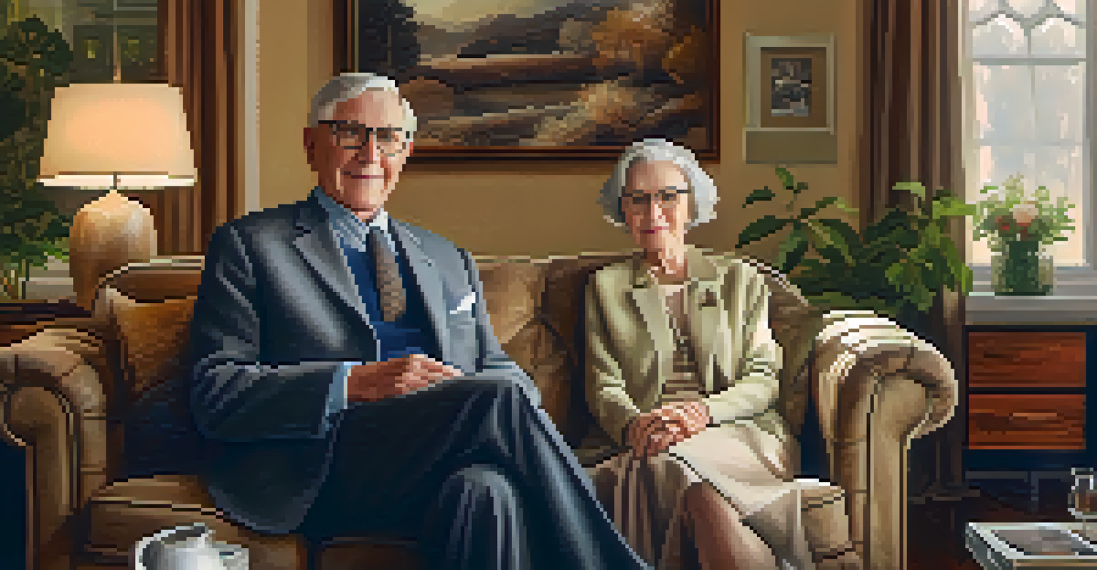 An elderly couple sitting in a warmly lit living room, wearing comfortable and stylish clothing, surrounded by family photos.