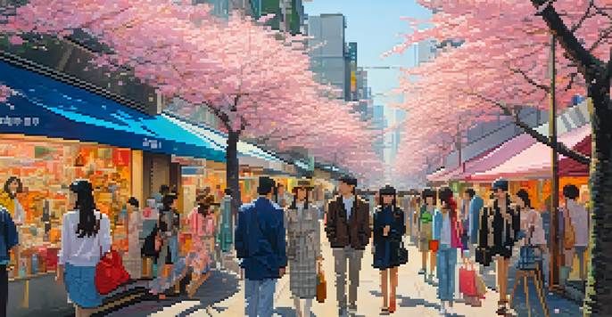 A lively street scene in Harajuku, Tokyo during Fashion Week, featuring diverse fashion styles and cherry blossom trees.