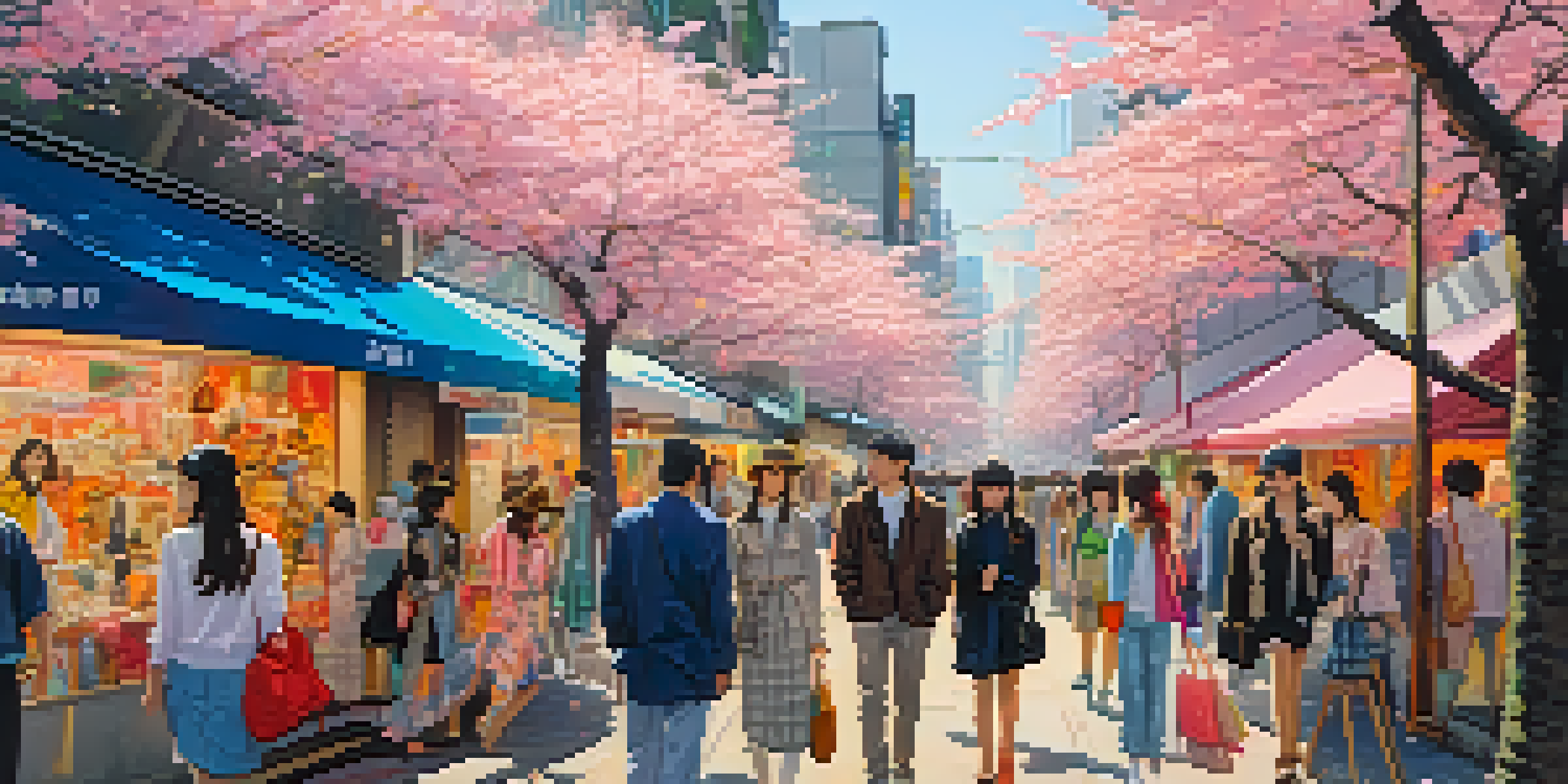 A lively street scene in Harajuku, Tokyo during Fashion Week, featuring diverse fashion styles and cherry blossom trees.