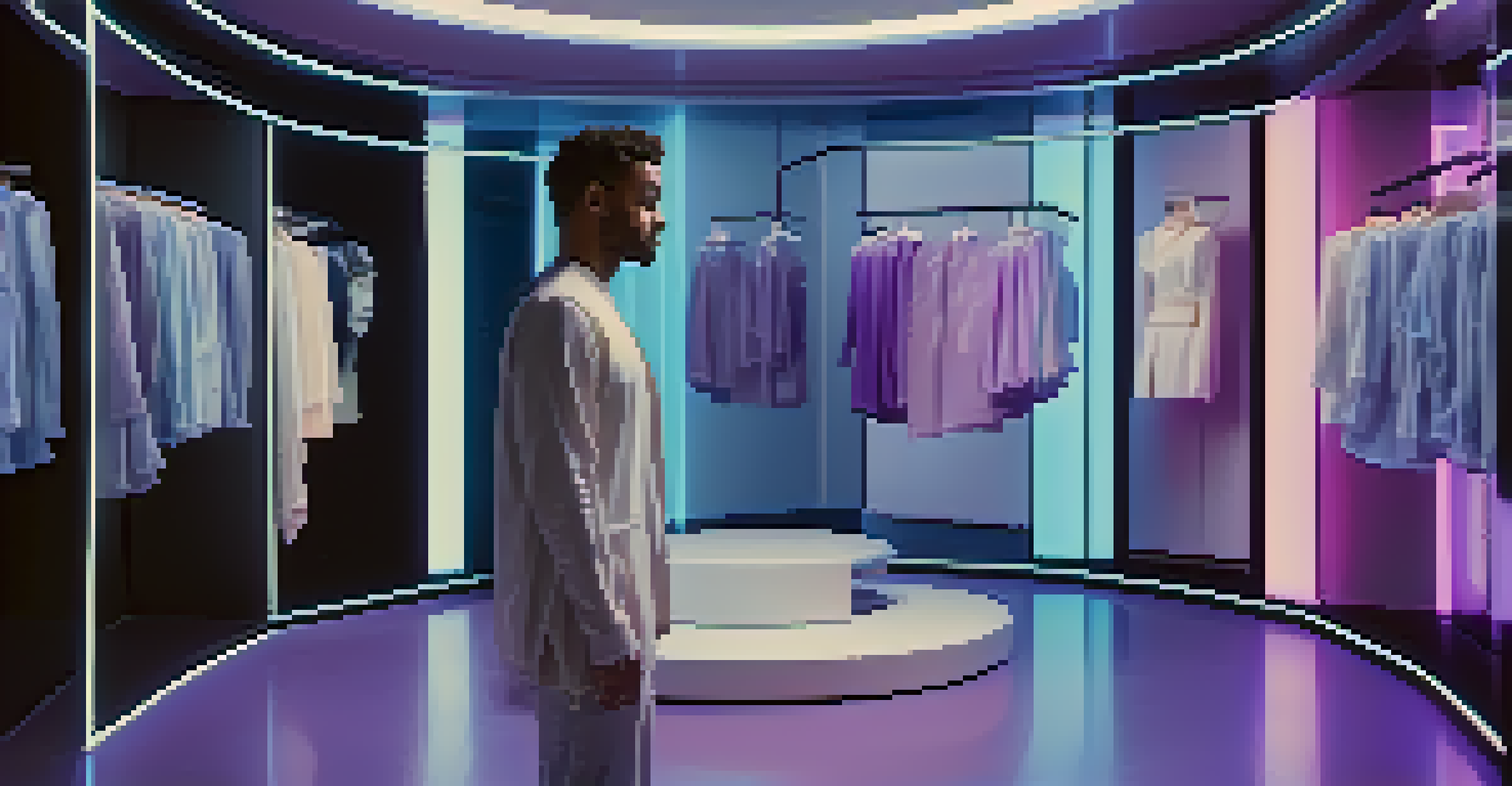 A futuristic virtual reality fitting room where a user customizes clothing with a holographic interface, surrounded by floating options.