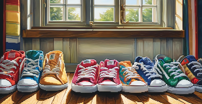 A collection of colorful sneakers displayed on a wooden floor, illuminated by natural sunlight.