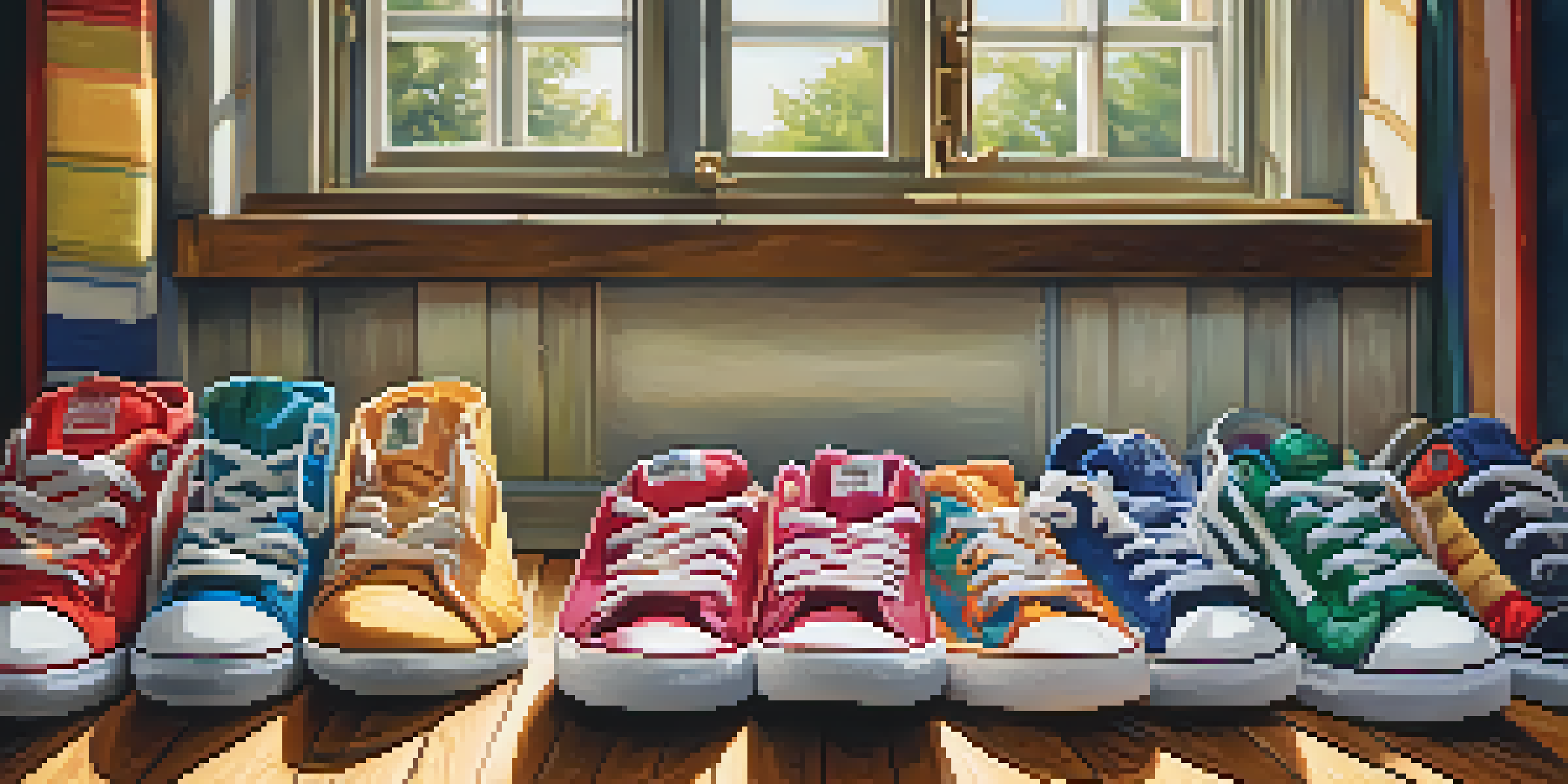 A collection of colorful sneakers displayed on a wooden floor, illuminated by natural sunlight.
