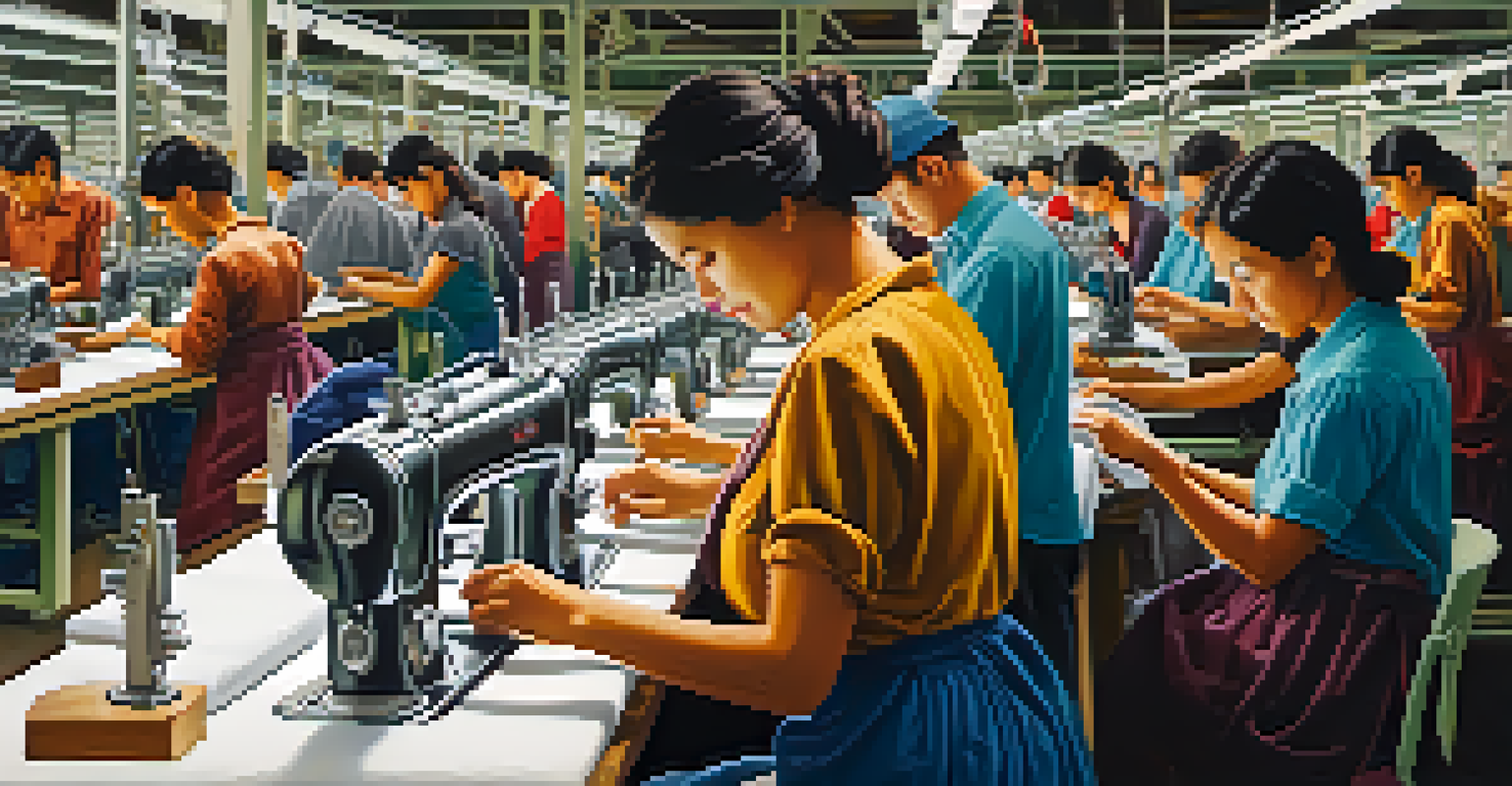 An assembly line in a garment factory, showing workers sewing clothes with sewing machines and fabric rolls, highlighting the detailed production process.