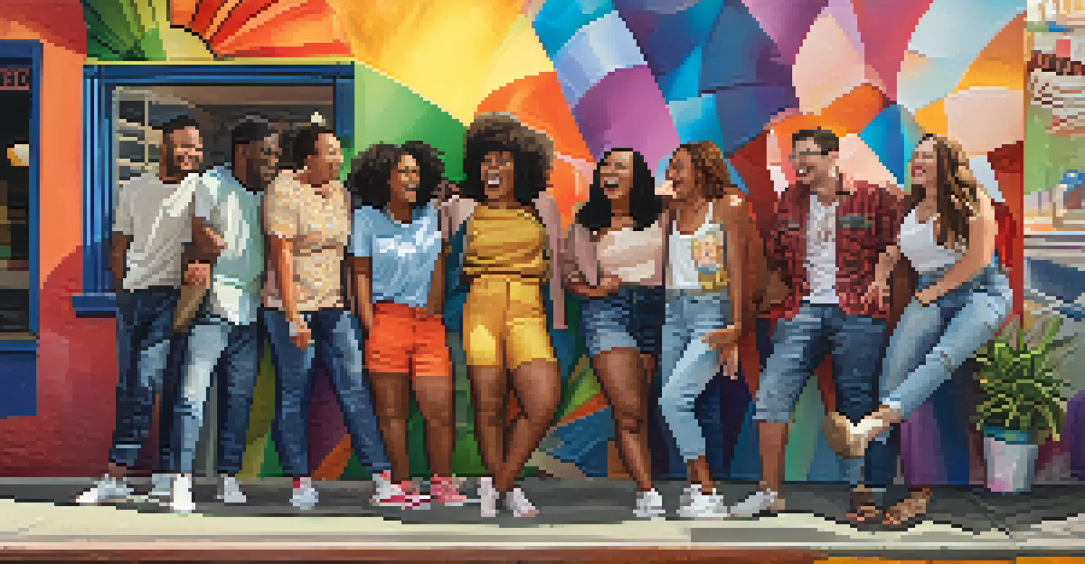 A group of friends of diverse backgrounds and abilities wearing inclusive fashion, enjoying time together in front of a colorful mural.