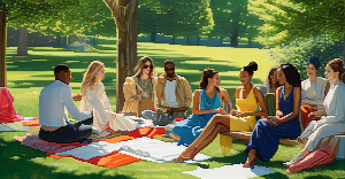 A diverse group of fashion designers collaborating on sustainable clothing in a sunlit park, surrounded by eco-friendly materials.