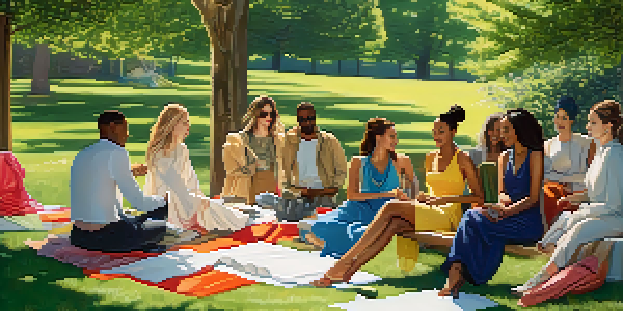A diverse group of fashion designers collaborating on sustainable clothing in a sunlit park, surrounded by eco-friendly materials.