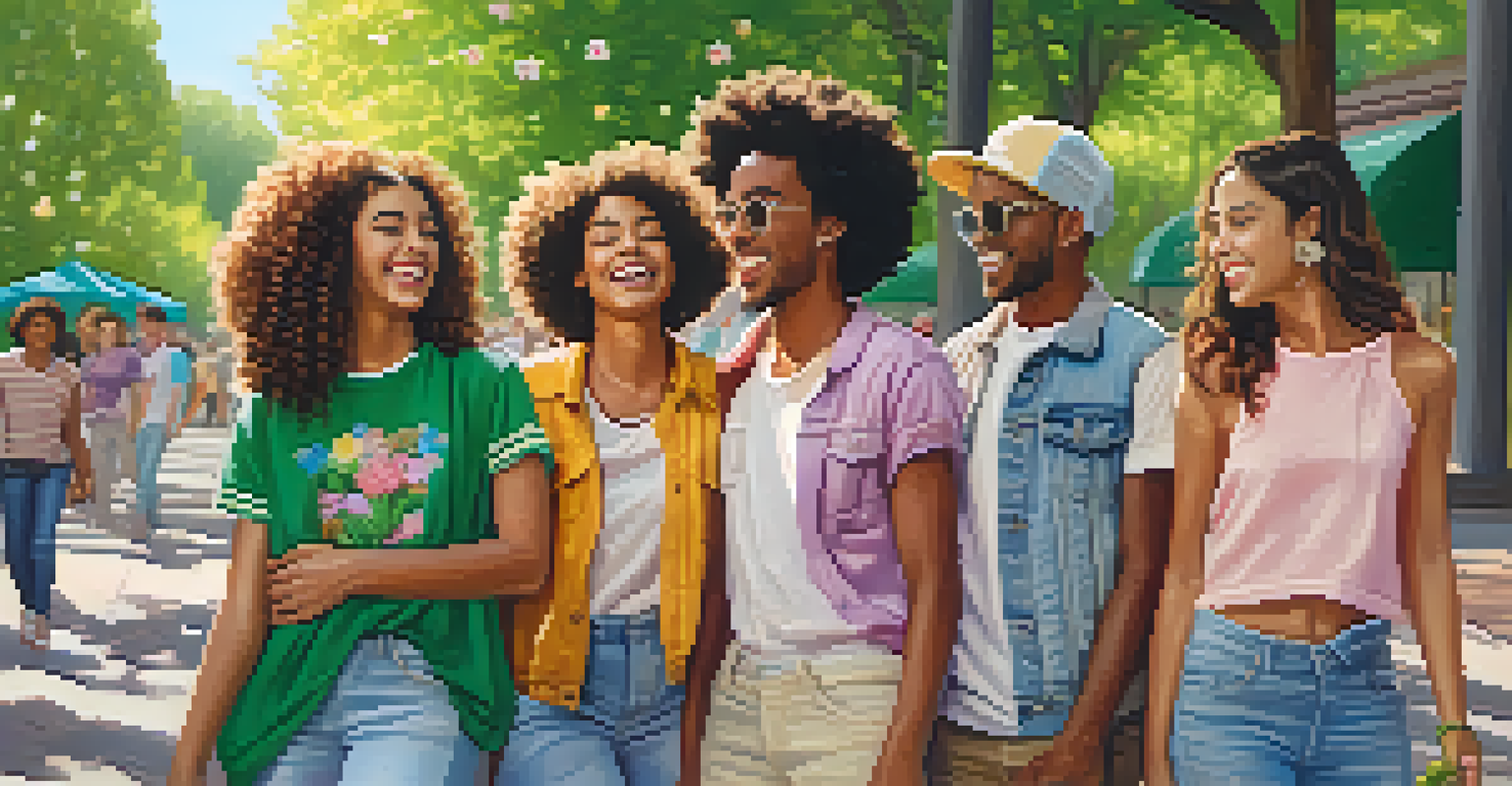 A group of young adults in colorful clothing enjoying a sunny day in a park.