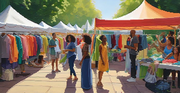 A lively clothing swap event with people exchanging clothes under colorful tents in a green outdoor setting.