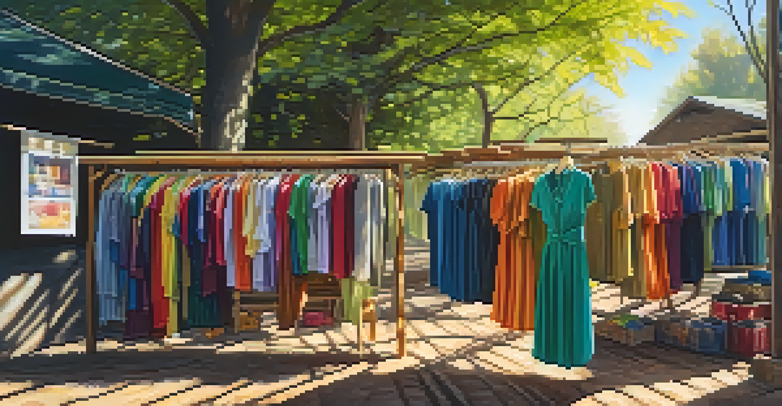 A market stall displaying clothing made from recycled materials, with colorful tags and sunlight filtering through the trees.