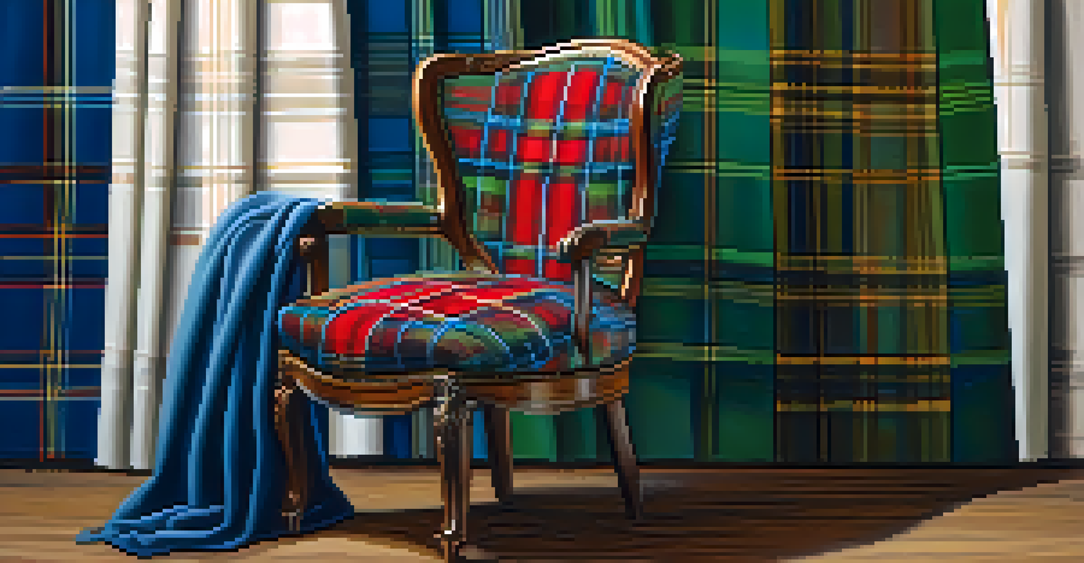 Scottish tartan fabric draped over a wooden chair, showcasing its intricate patterns and vibrant colors.