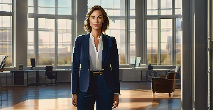 A confident professional woman in a navy blue suit stands in a bright office, holding a laptop.