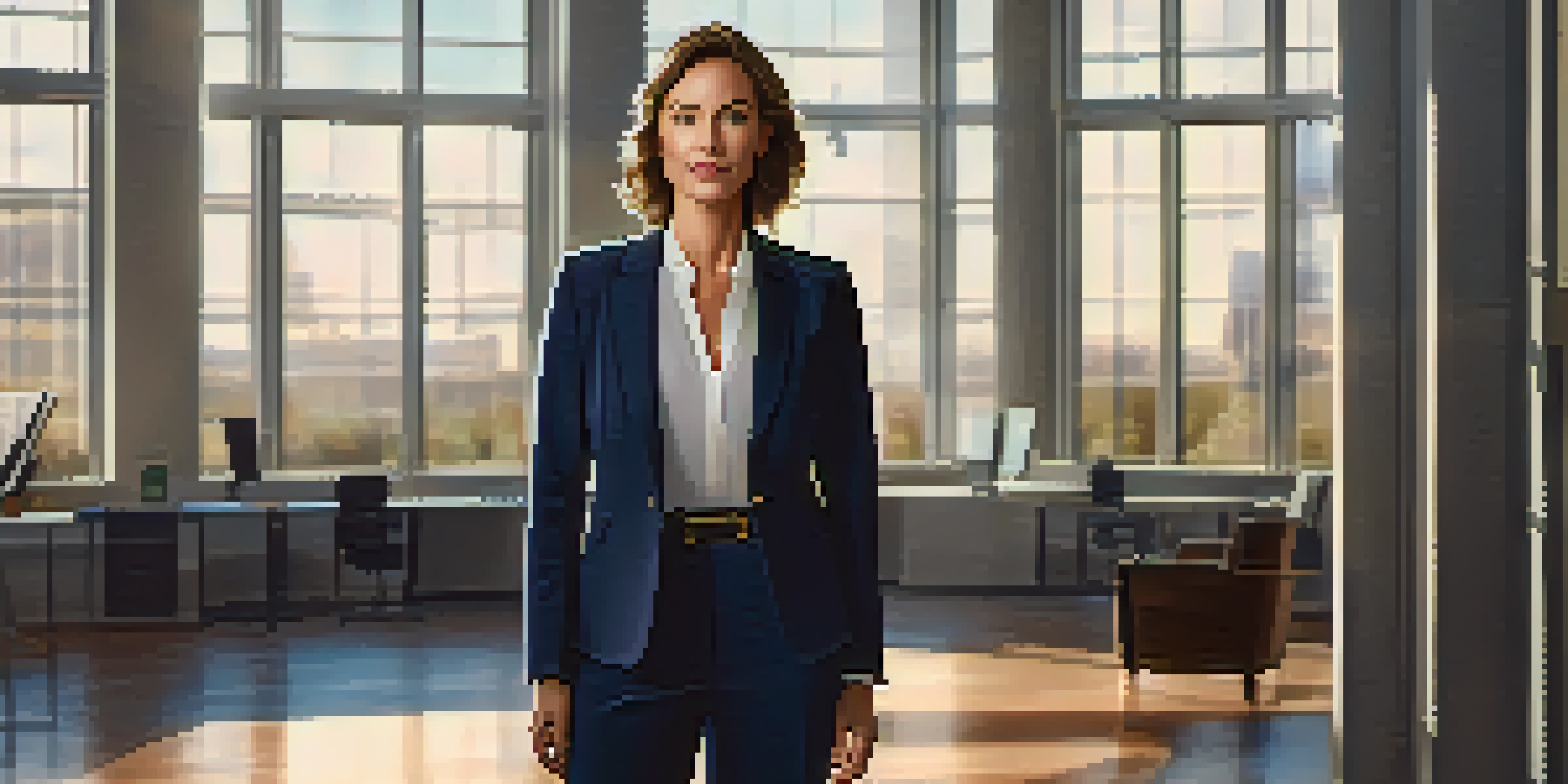A confident professional woman in a navy blue suit stands in a bright office, holding a laptop.