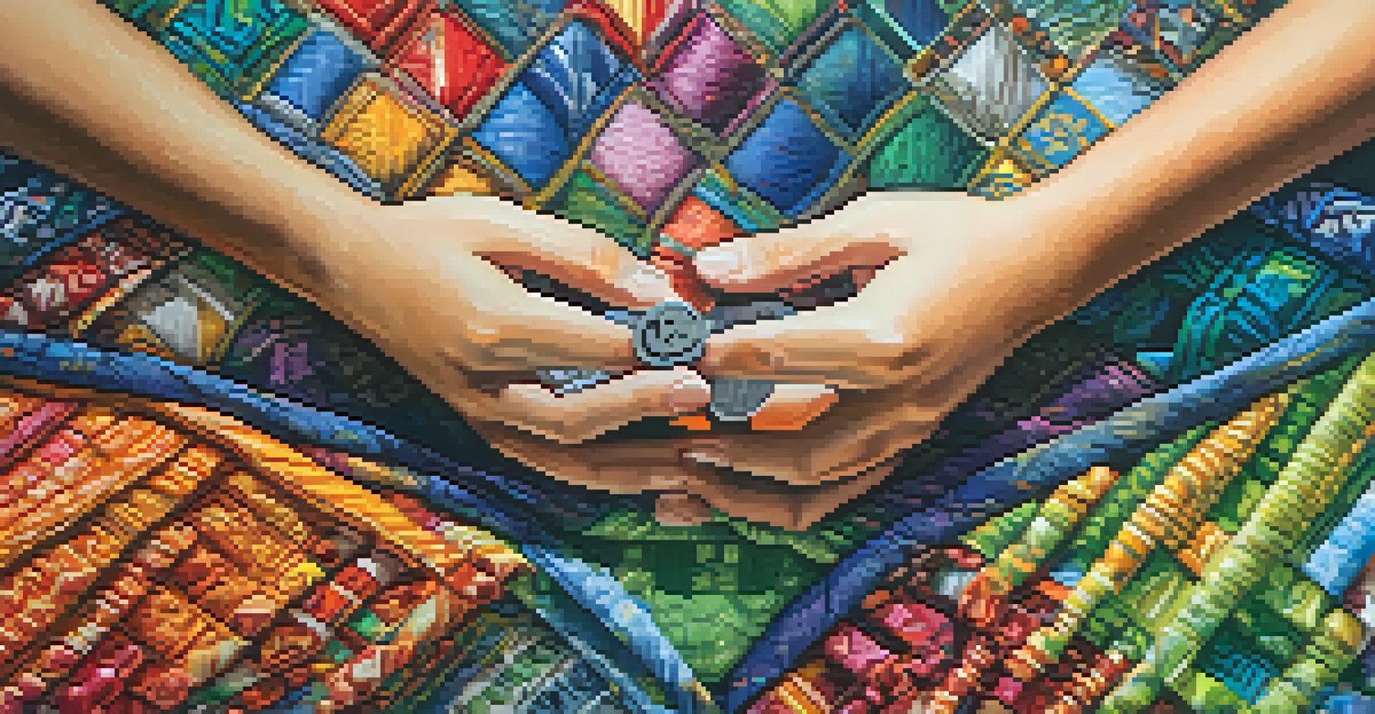 A close-up image of hands presenting a colorful garment made from recycled materials, with a recycling symbol subtly in the background.