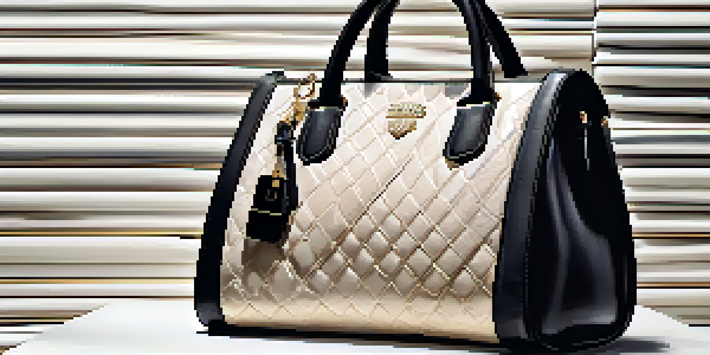A luxurious handbag with a QR code tag in a boutique setting, showcasing its details and craftsmanship.