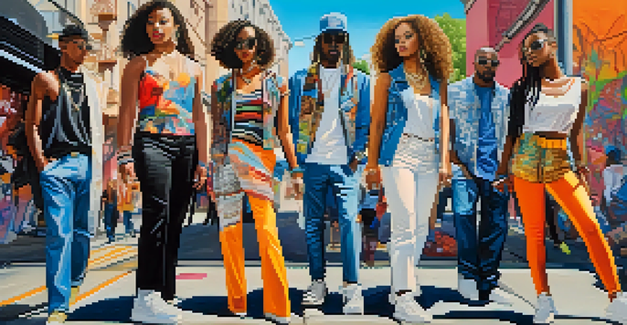 A lively street scene with people in varied fashion styles, including high-end and thrifted clothes, set against vibrant urban graffiti.