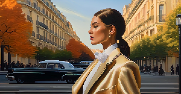 A model in a tuxedo jacket poses in a Parisian street, with classic architecture in the background bathed in golden hour light.