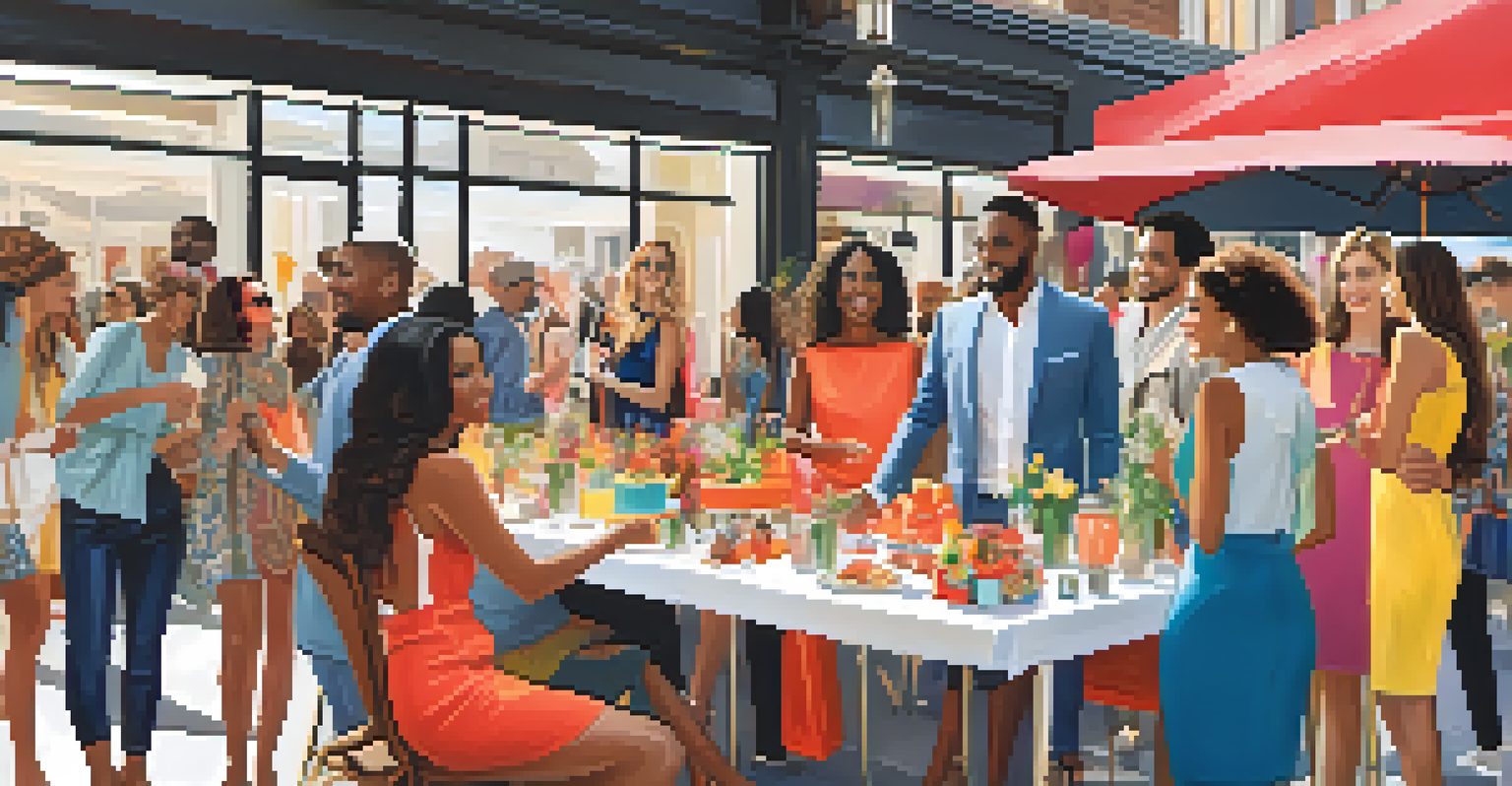 A vibrant community event for a fashion brand with diverse customers enjoying an exclusive shopping experience.