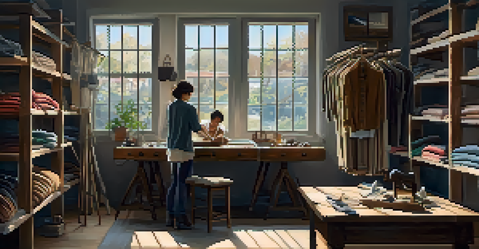 A local artisan creating clothing from organic fabrics in a well-lit, cozy workspace.