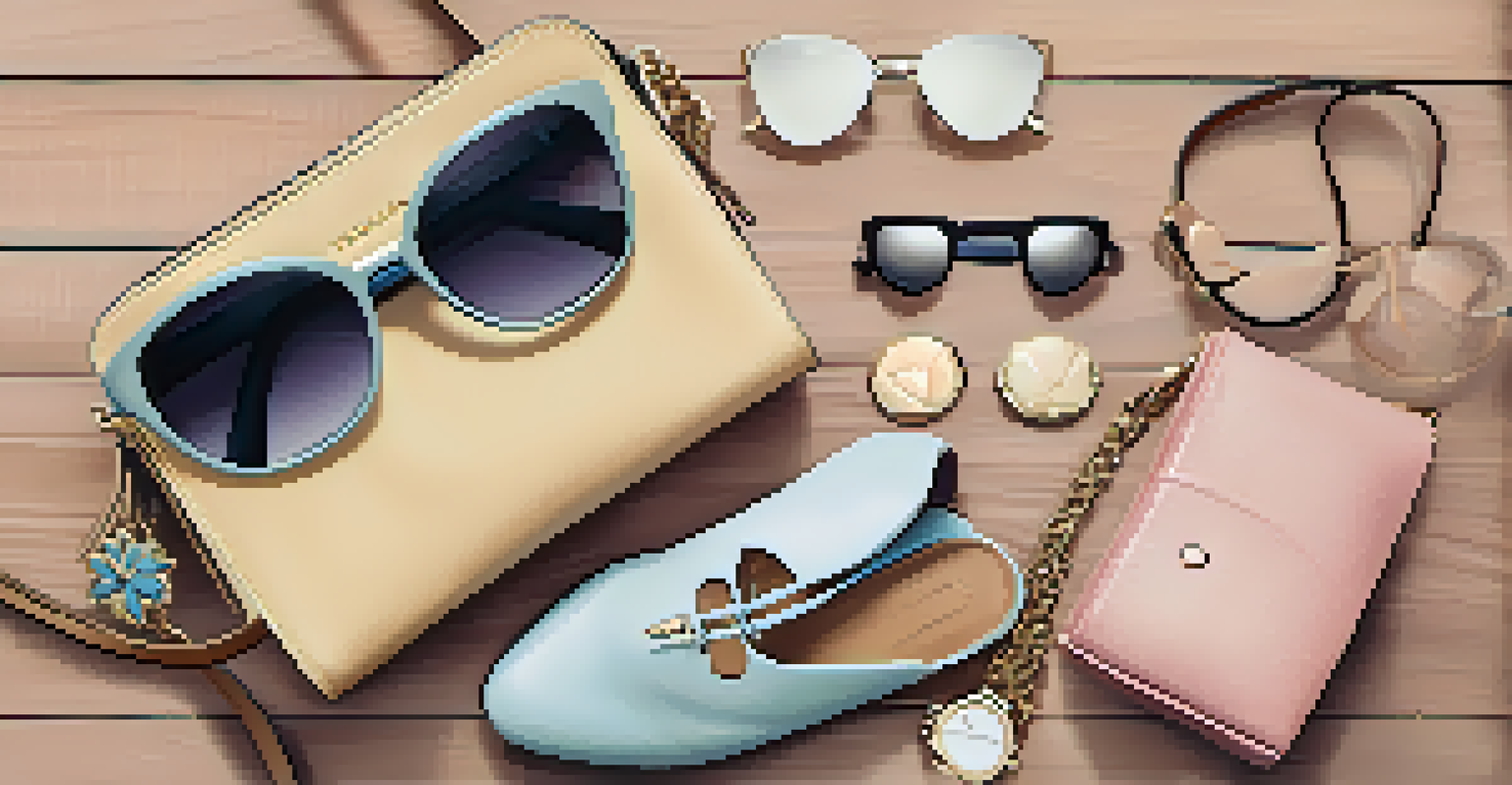 A flat lay of fashion items including a handbag, shoes, and accessories on a wooden surface, illuminated by natural light.