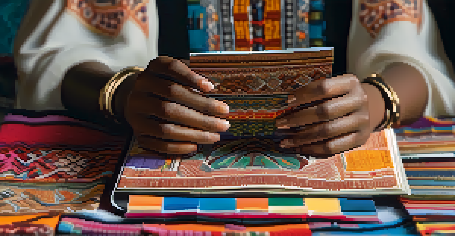 A close-up of hands holding a fabric swatch book showcasing diverse cultural patterns and designs.